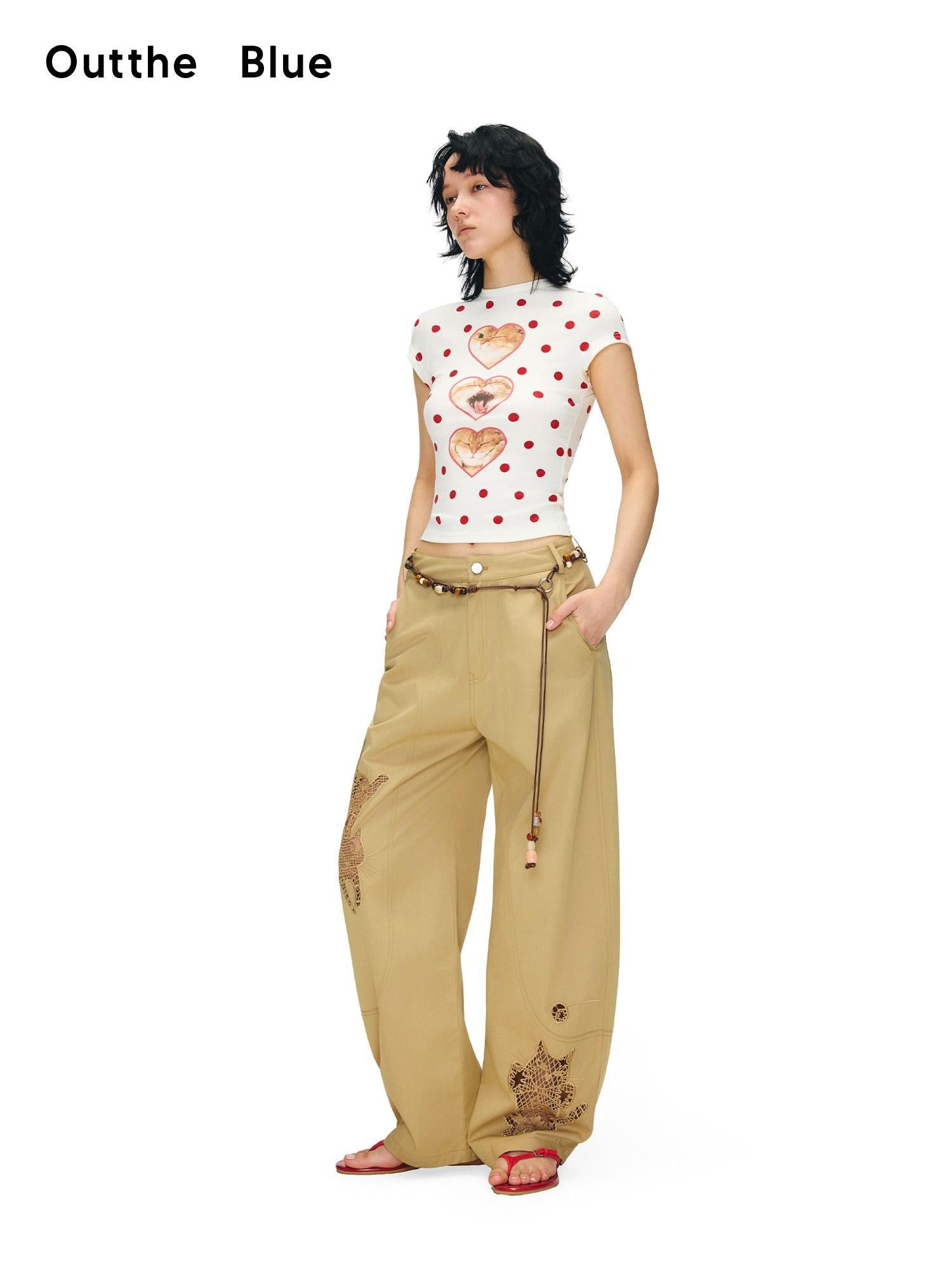 OuttheBlue Heart Polka Dot Print Slim Fit Women Viscose Cotton Blend Short Sleeve T-Shirts