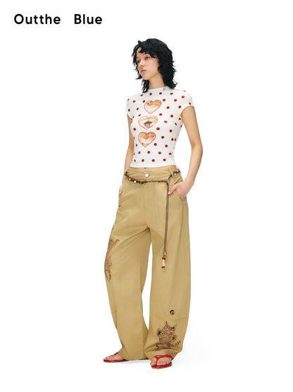 OuttheBlue Heart Polka Dot Print Slim Fit Women Viscose Cotton Blend Short Sleeve T-Shirts