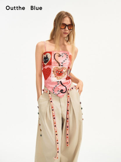 OuttheBlue Heart Print Slim Fit Strappy Short Thin Polyester For Women Red Pink Camisoles