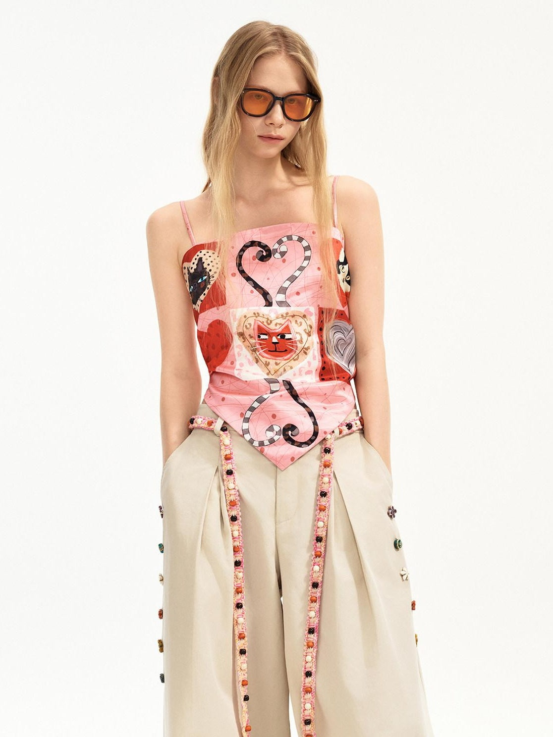 OuttheBlue Heart Print Slim Fit Strappy Short Thin Polyester For Women Red Pink Camisoles