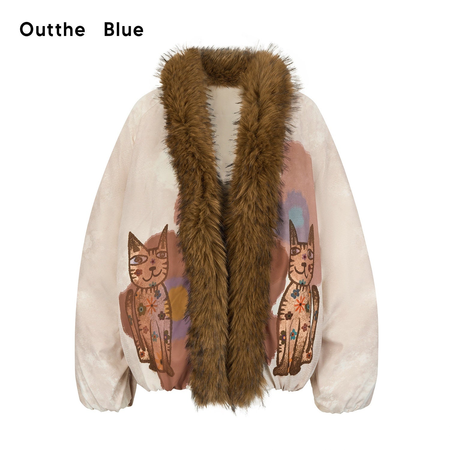 OuttheBlue High Fill White Duck Down Fur Collar Cape Office Beige Animal Print Down Jackets