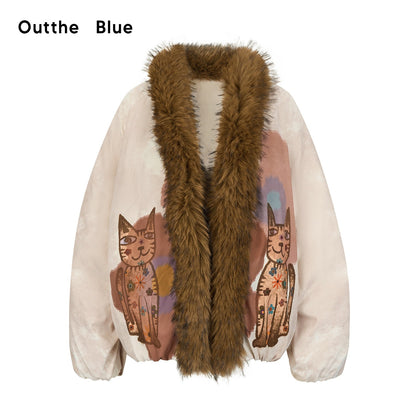OuttheBlue High Fill White Duck Down Fur Collar Cape Office Beige Animal Print Down Jackets