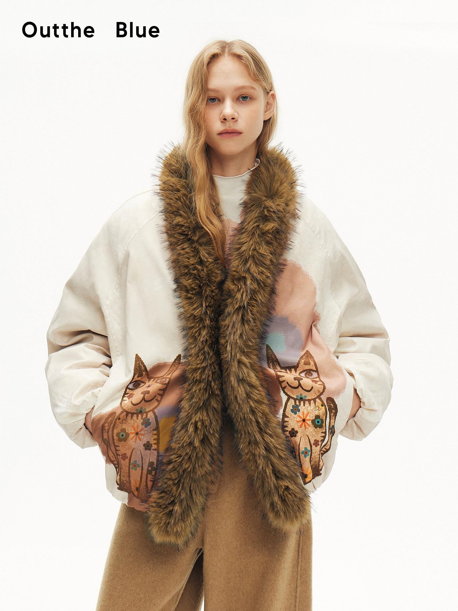 OuttheBlue High Fill White Duck Down Fur Collar Cape Office Beige Animal Print Down Jackets