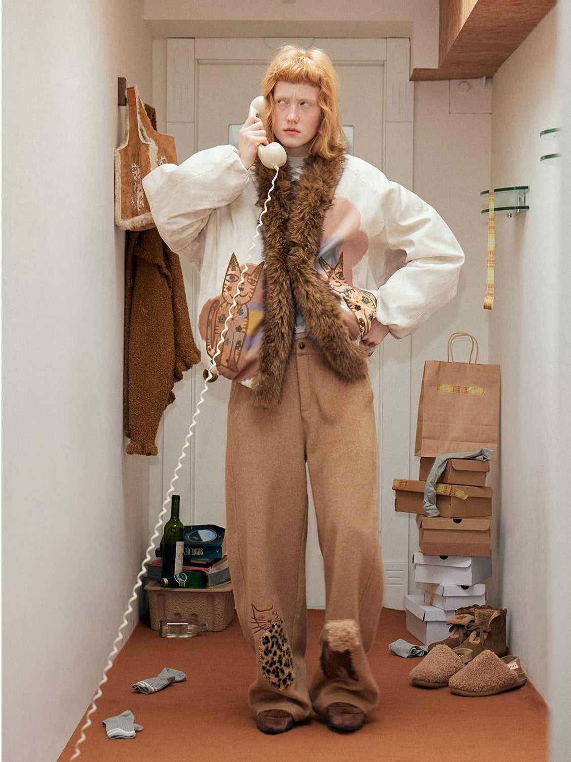 OuttheBlue High Fill White Duck Down Fur Collar Cape Office Beige Animal Print Down Jackets