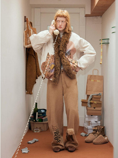 OuttheBlue High Fill White Duck Down Fur Collar Cape Office Beige Animal Print Down Jackets