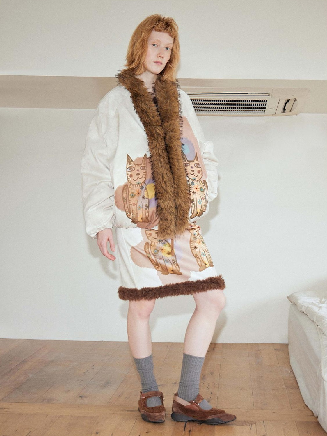 OuttheBlue High Fill White Duck Down Fur Collar Cape Office Beige Animal Print Down Jackets