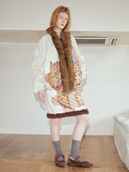 OuttheBlue High Fill White Duck Down Fur Collar Cape Office Beige Animal Print Down Jackets