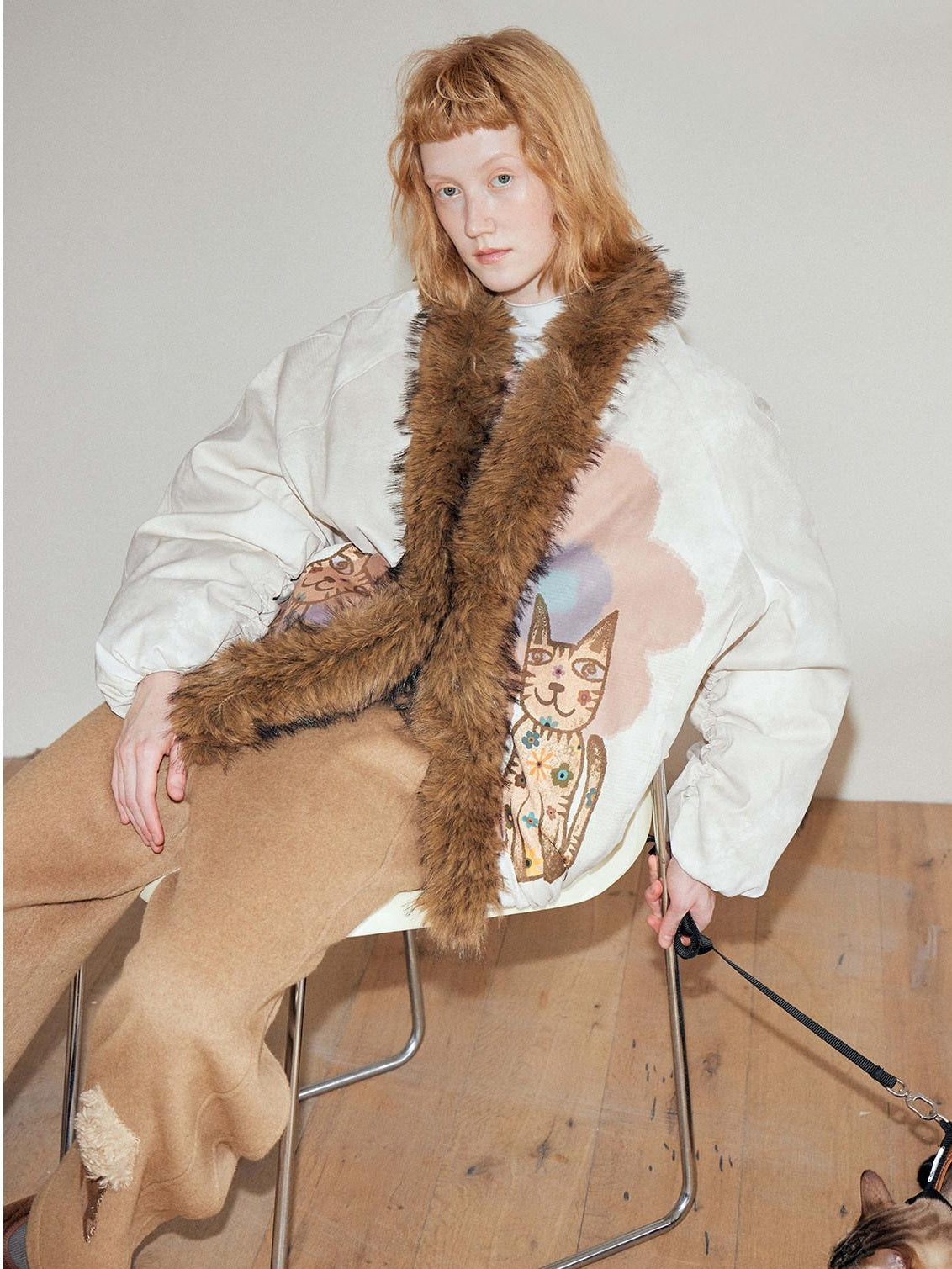 OuttheBlue High Fill White Duck Down Fur Collar Cape Office Beige Animal Print Down Jackets