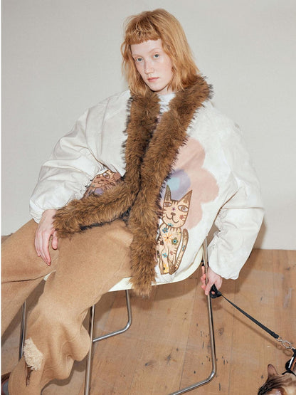 OuttheBlue High Fill White Duck Down Fur Collar Cape Office Beige Animal Print Down Jackets
