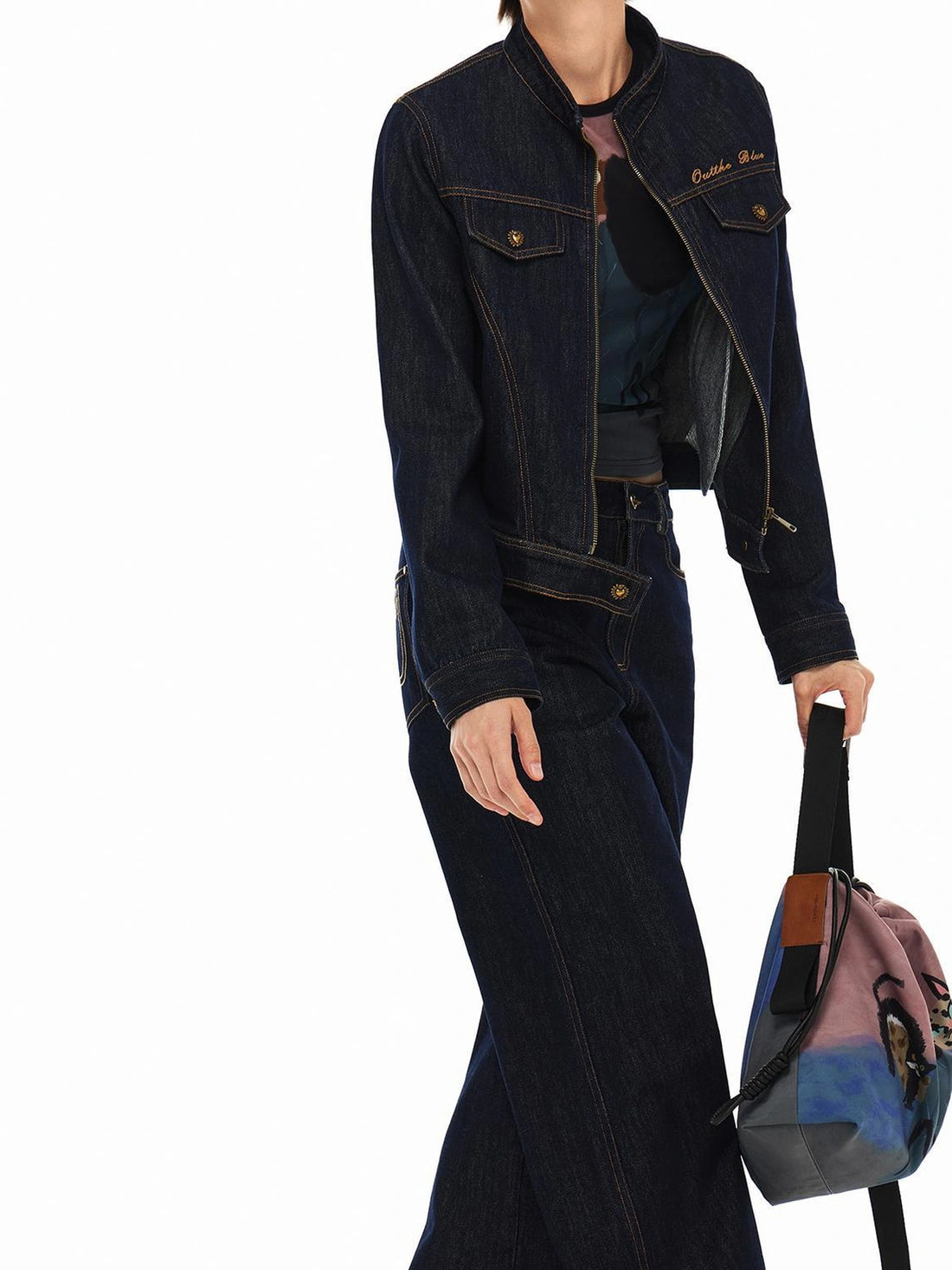 OuttheBlue High Neck Embroidered Denim Jacket