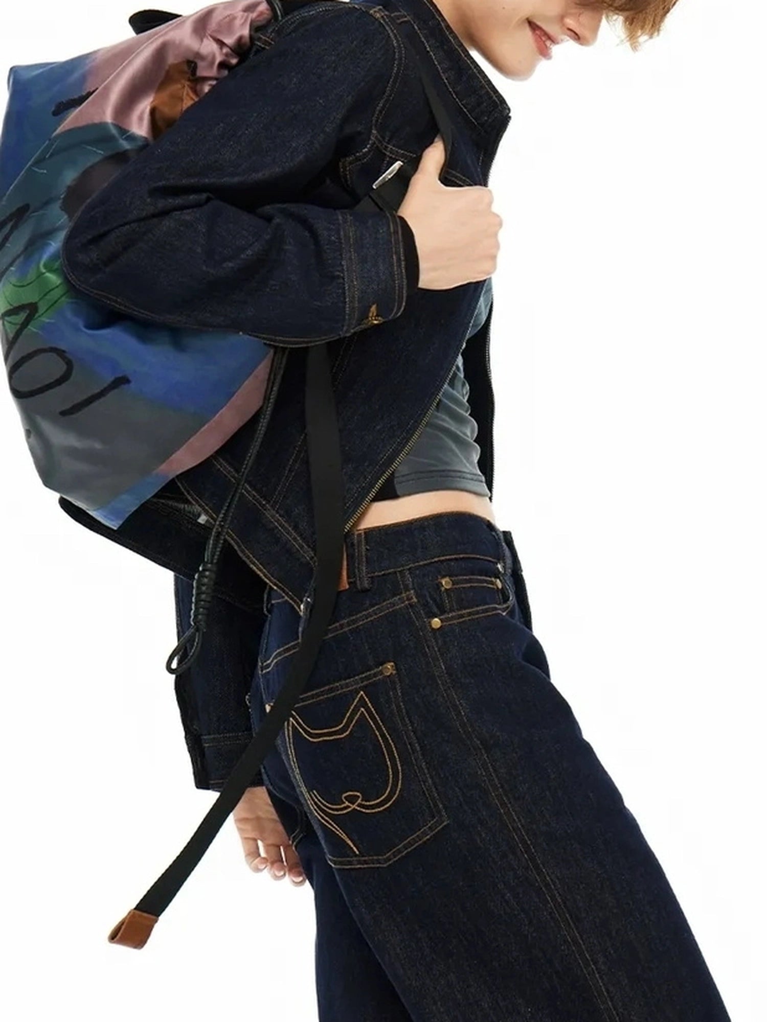 OuttheBlue High Neck Embroidered Denim Jacket