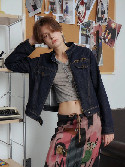 OuttheBlue High Neck Embroidered Denim Jacket