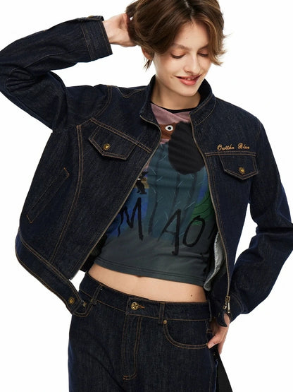 OuttheBlue High Neck Embroidered Denim Jacket