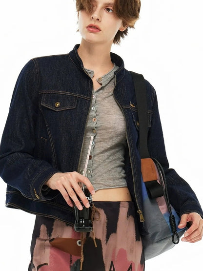OuttheBlue High Neck Embroidered Denim Jacket