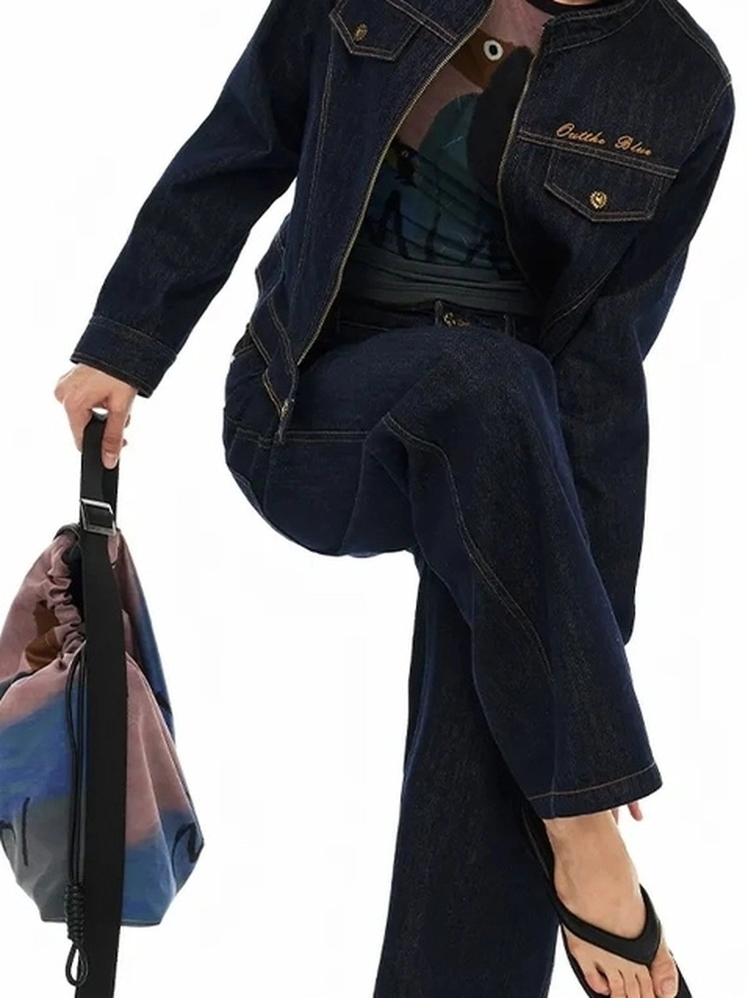 OuttheBlue High Neck Embroidered Denim Jacket
