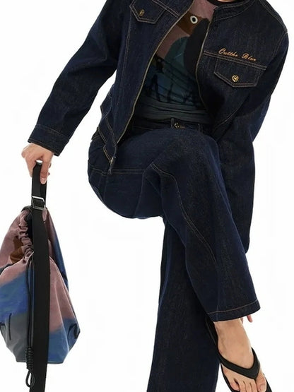 OuttheBlue High Neck Embroidered Denim Jacket