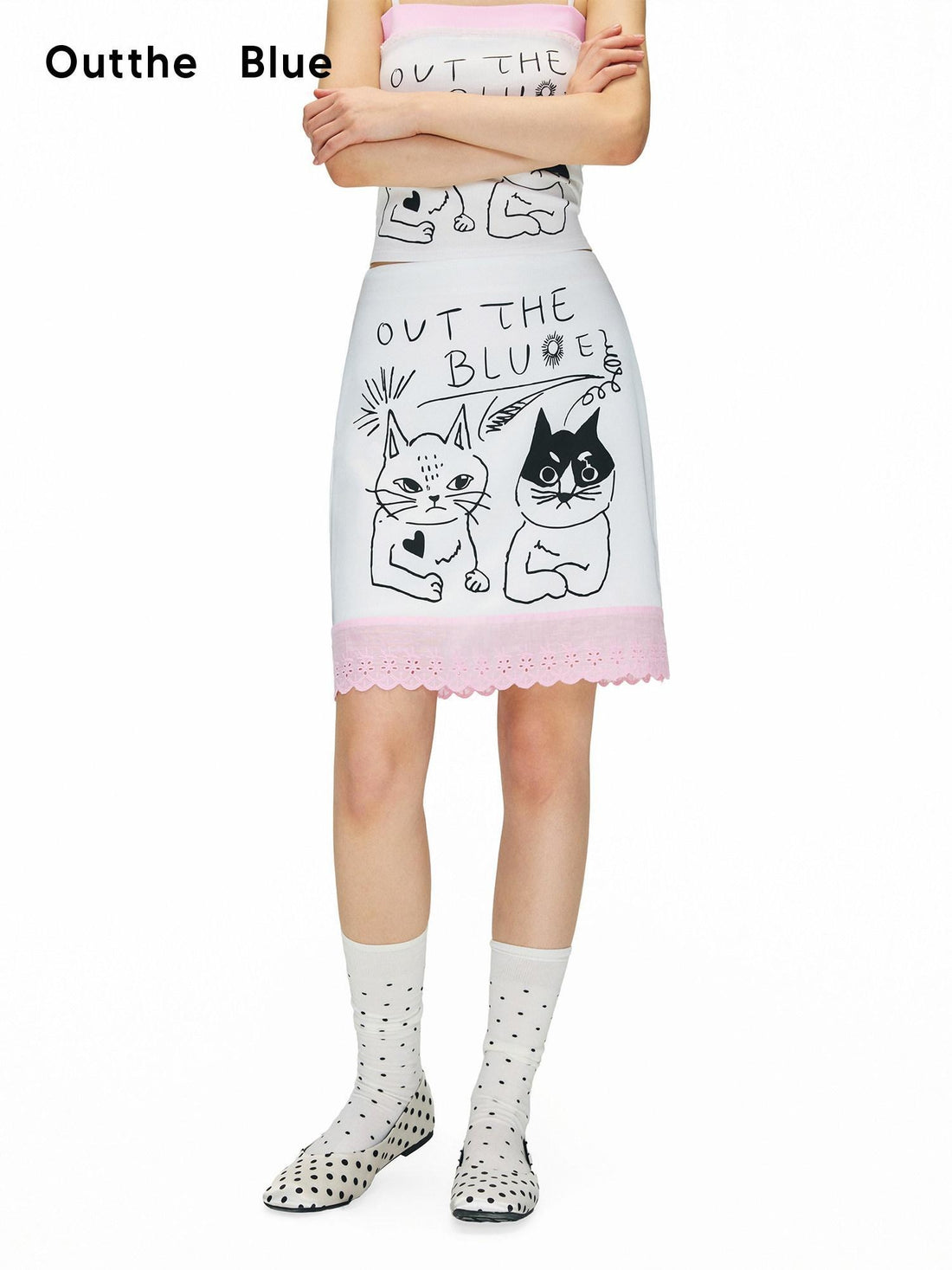 OuttheBlue High Stretch Colorblock A Line Side Slit Mid Waist Pink White Midi Skirts