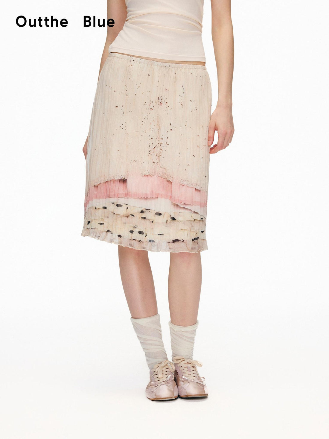 OuttheBlue High Stretch High Waist Pleated Printed Women Almond Cream Midi Skirts