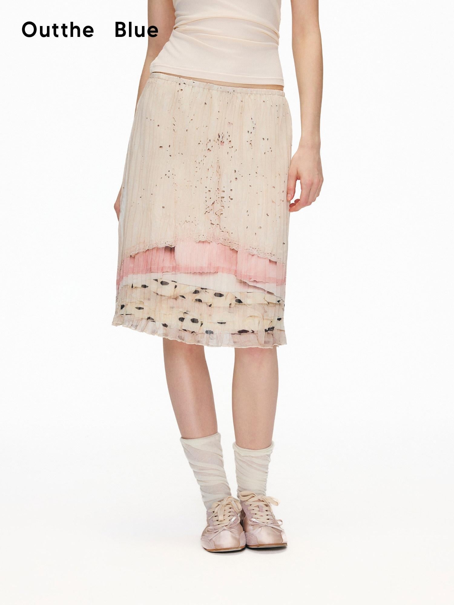 OuttheBlue High Stretch High Waist Pleated Printed Women Almond Cream Midi Skirts