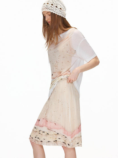 OuttheBlue High Stretch High Waist Pleated Printed Women Almond Cream Midi Skirts