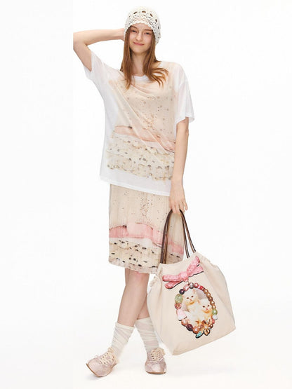 OuttheBlue High Stretch High Waist Pleated Printed Women Almond Cream Midi Skirts