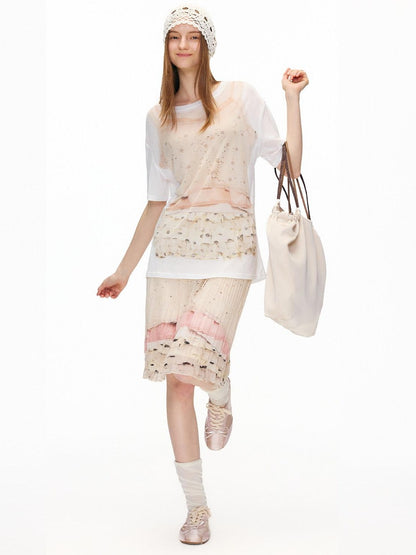 OuttheBlue High Stretch High Waist Pleated Printed Women Almond Cream Midi Skirts