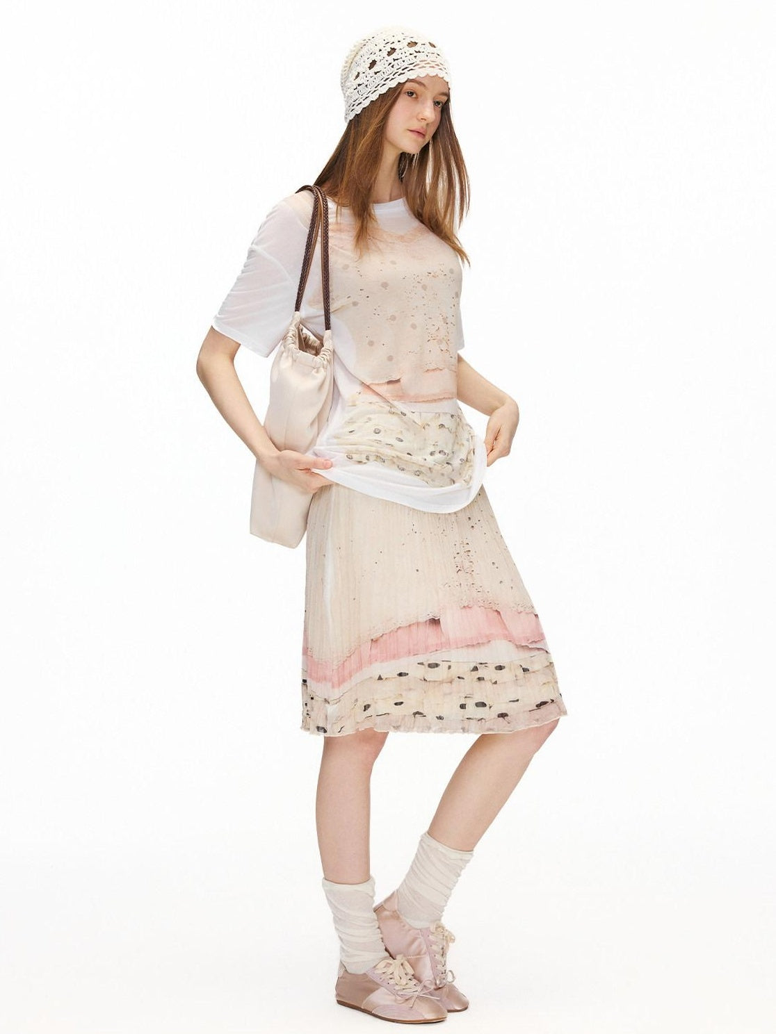 OuttheBlue High Stretch High Waist Pleated Printed Women Almond Cream Midi Skirts