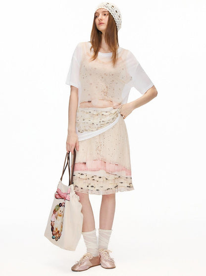 OuttheBlue High Stretch High Waist Pleated Printed Women Almond Cream Midi Skirts