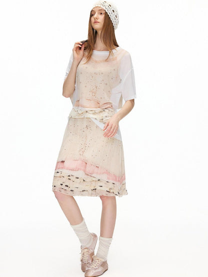 OuttheBlue High Stretch High Waist Pleated Printed Women Almond Cream Midi Skirts