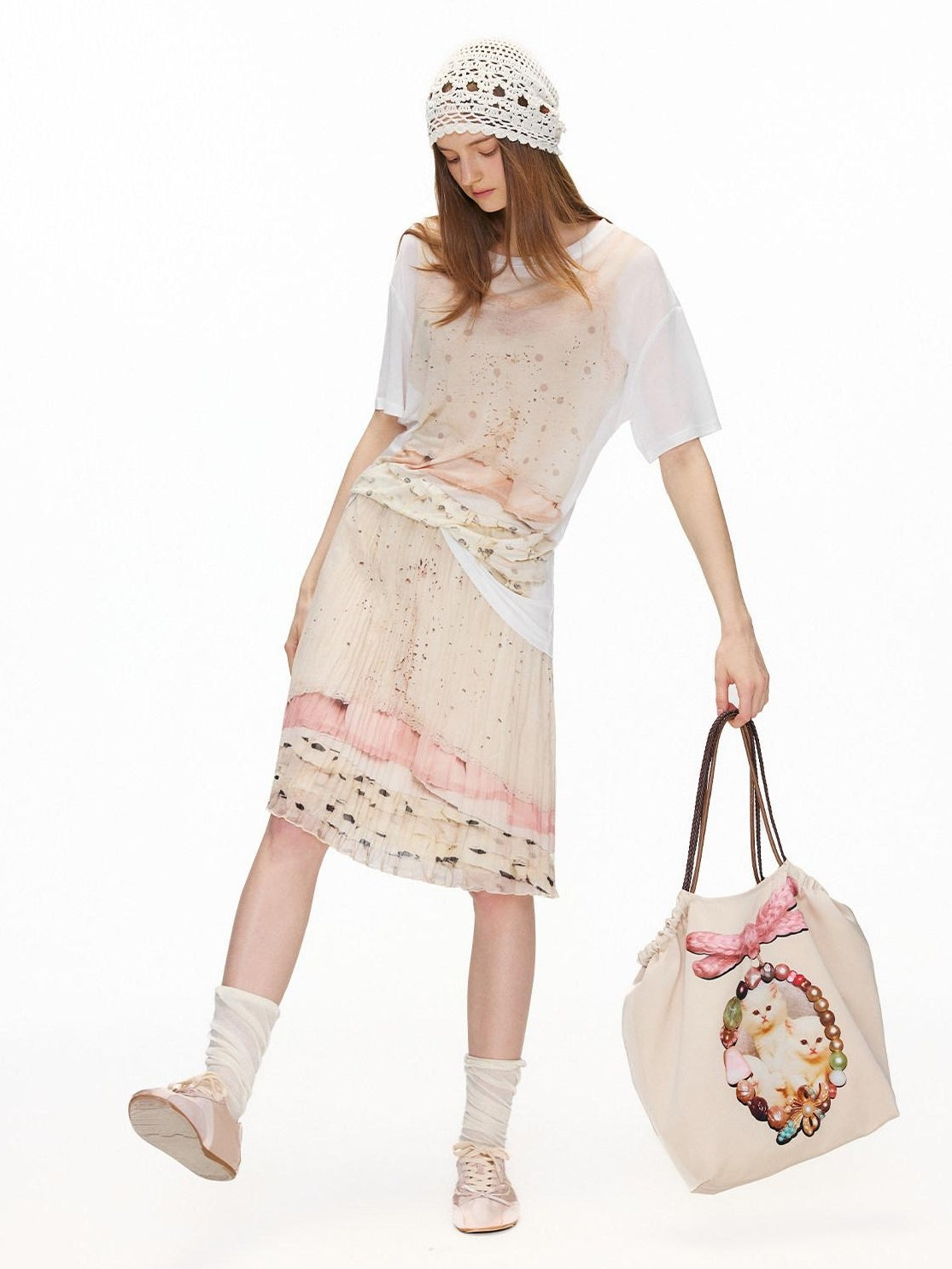 OuttheBlue High Stretch High Waist Pleated Printed Women Almond Cream Midi Skirts