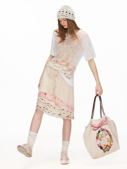 OuttheBlue High Stretch High Waist Pleated Printed Women Almond Cream Midi Skirts