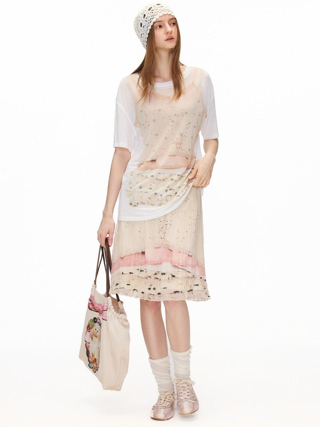 OuttheBlue High Stretch High Waist Pleated Printed Women Almond Cream Midi Skirts