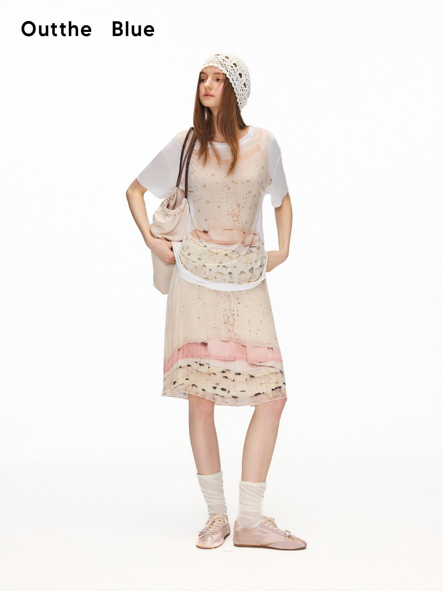 OuttheBlue High Stretch High Waist Pleated Printed Women Almond Cream Midi Skirts