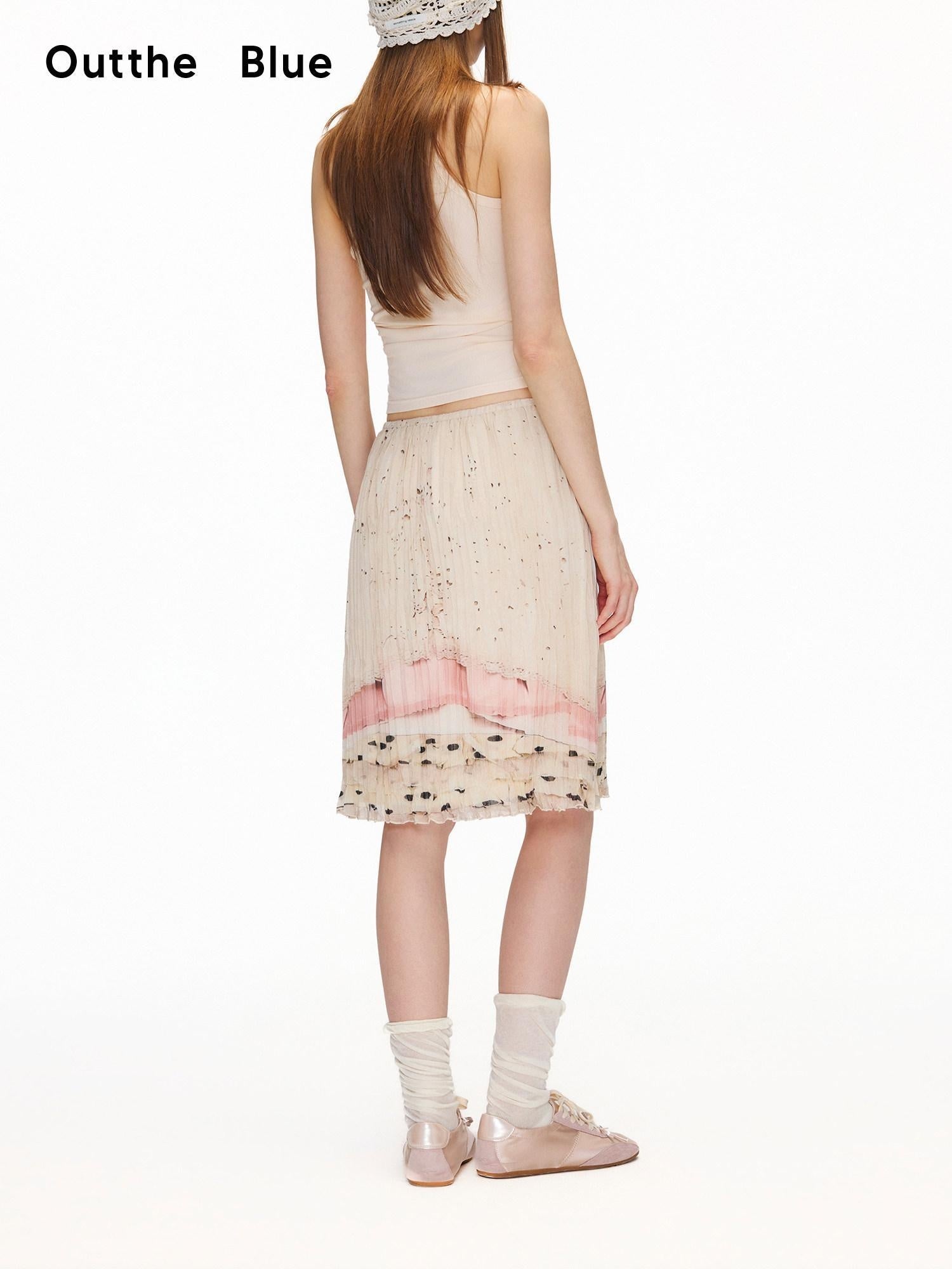 OuttheBlue High Stretch High Waist Pleated Printed Women Almond Cream Midi Skirts