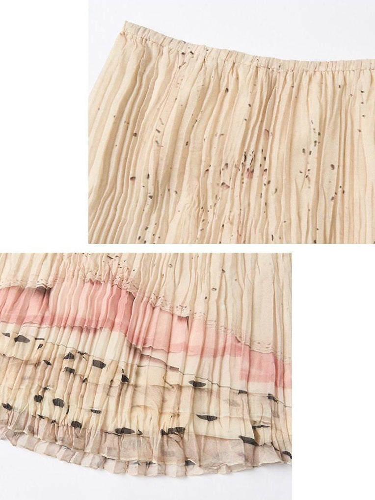 OuttheBlue High Stretch High Waist Pleated Printed Women Almond Cream Midi Skirts