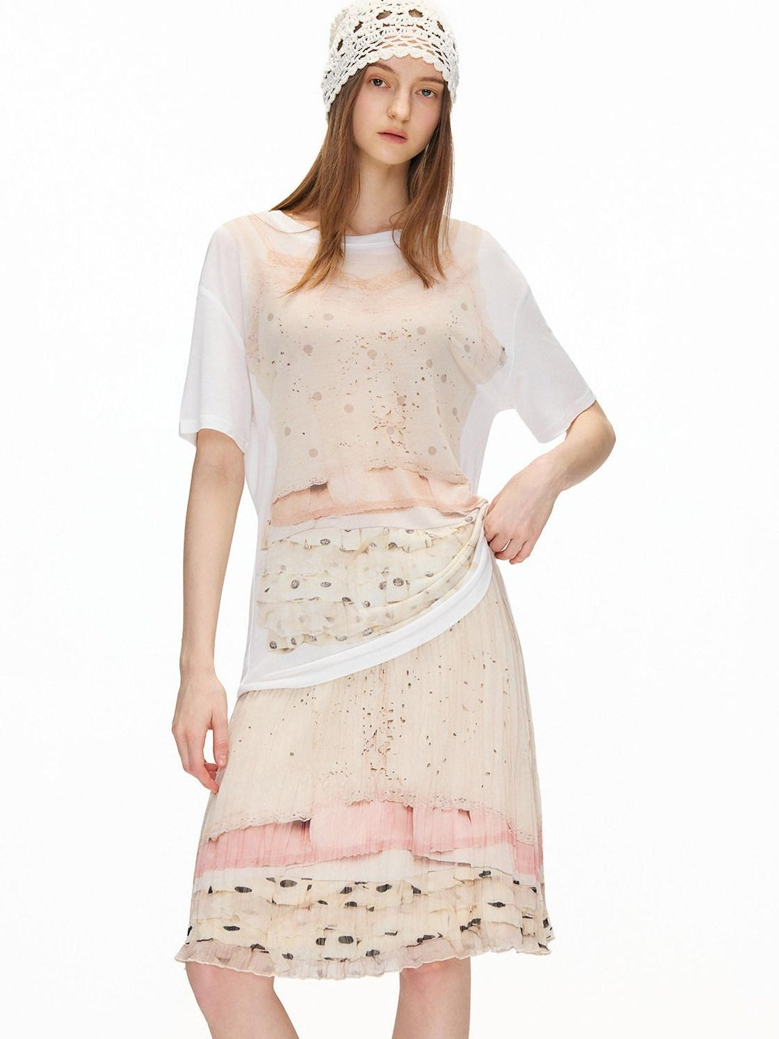 OuttheBlue High Stretch High Waist Pleated Printed Women Almond Cream Midi Skirts