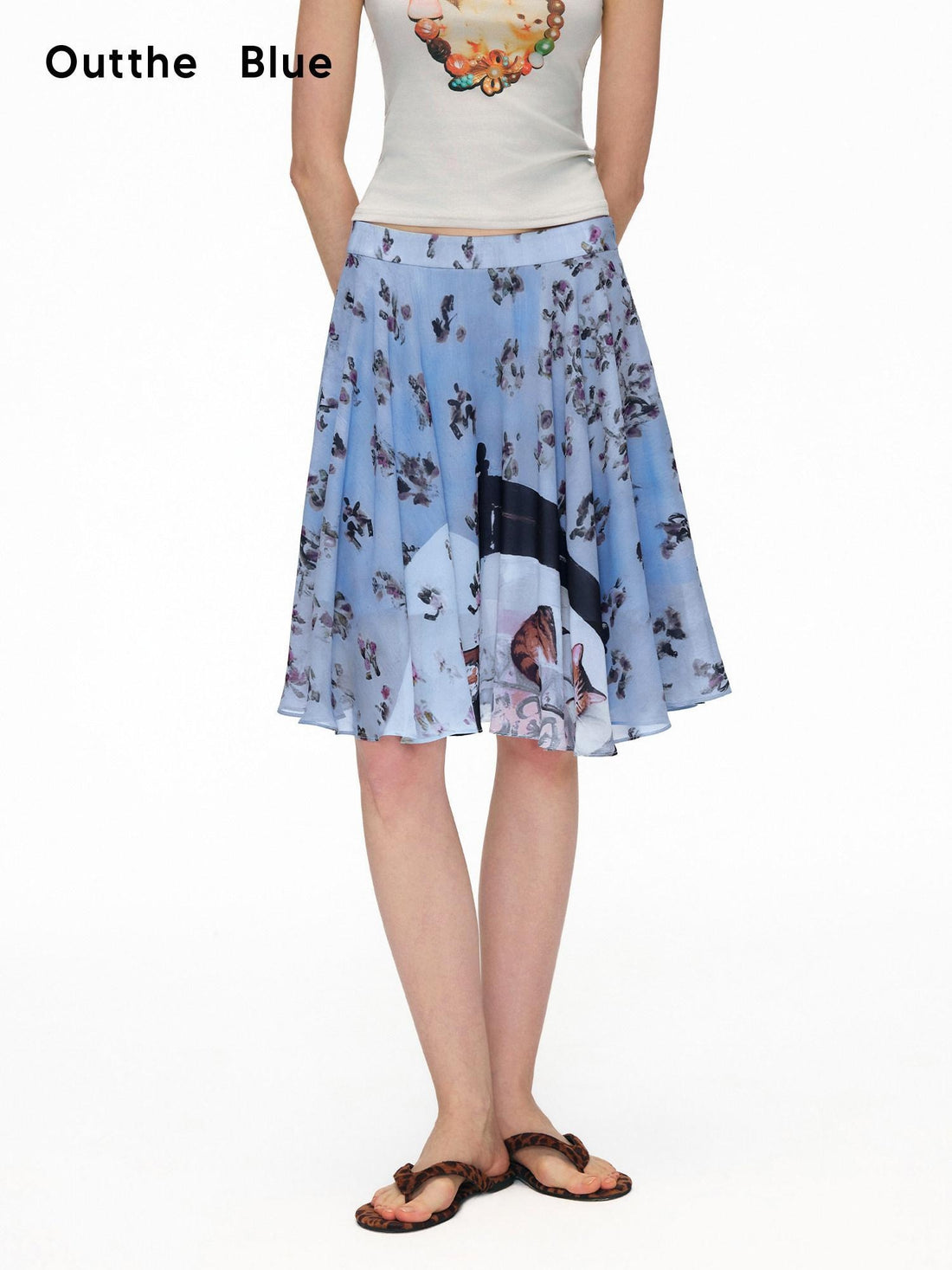 OuttheBlue High Stretch Print A Line High Waist Elastic Teen Sky Blue Polyester Midi Skirts