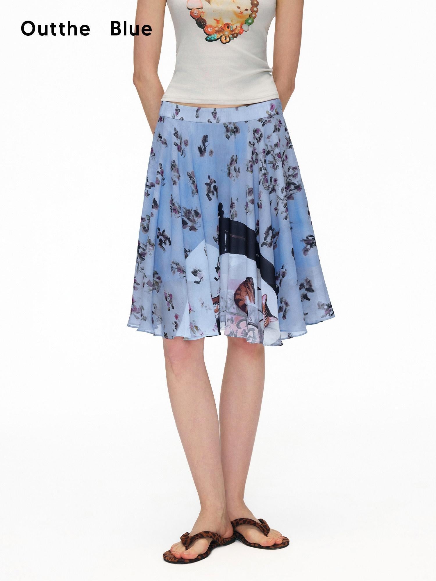 OuttheBlue High Stretch Print A Line High Waist Elastic Teen Sky Blue Polyester Midi Skirts