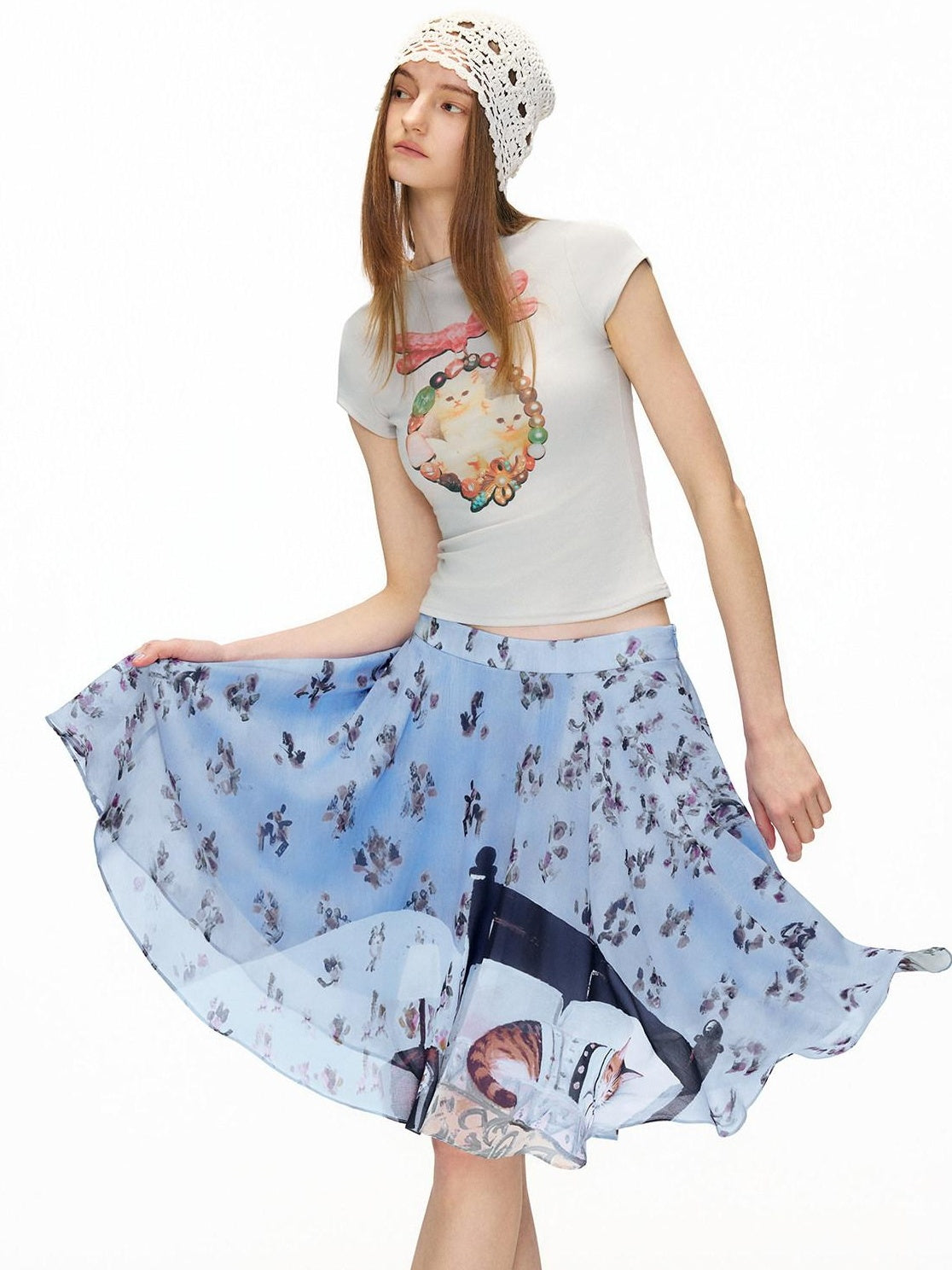OuttheBlue High Stretch Print A Line High Waist Elastic Teen Sky Blue Polyester Midi Skirts