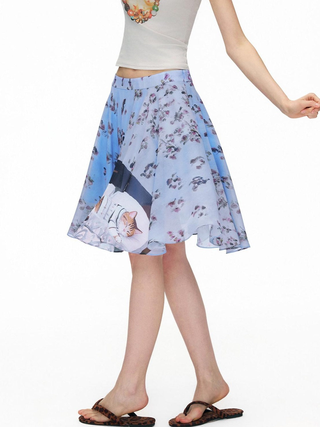 OuttheBlue High Stretch Print A Line High Waist Elastic Teen Sky Blue Polyester Midi Skirts