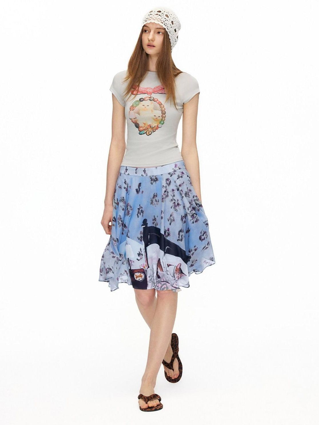 OuttheBlue High Stretch Print A Line High Waist Elastic Teen Sky Blue Polyester Midi Skirts