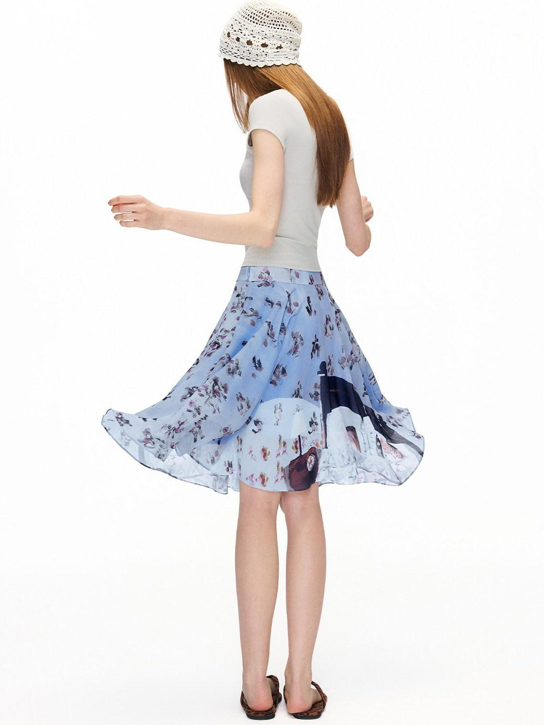 OuttheBlue High Stretch Print A Line High Waist Elastic Teen Sky Blue Polyester Midi Skirts