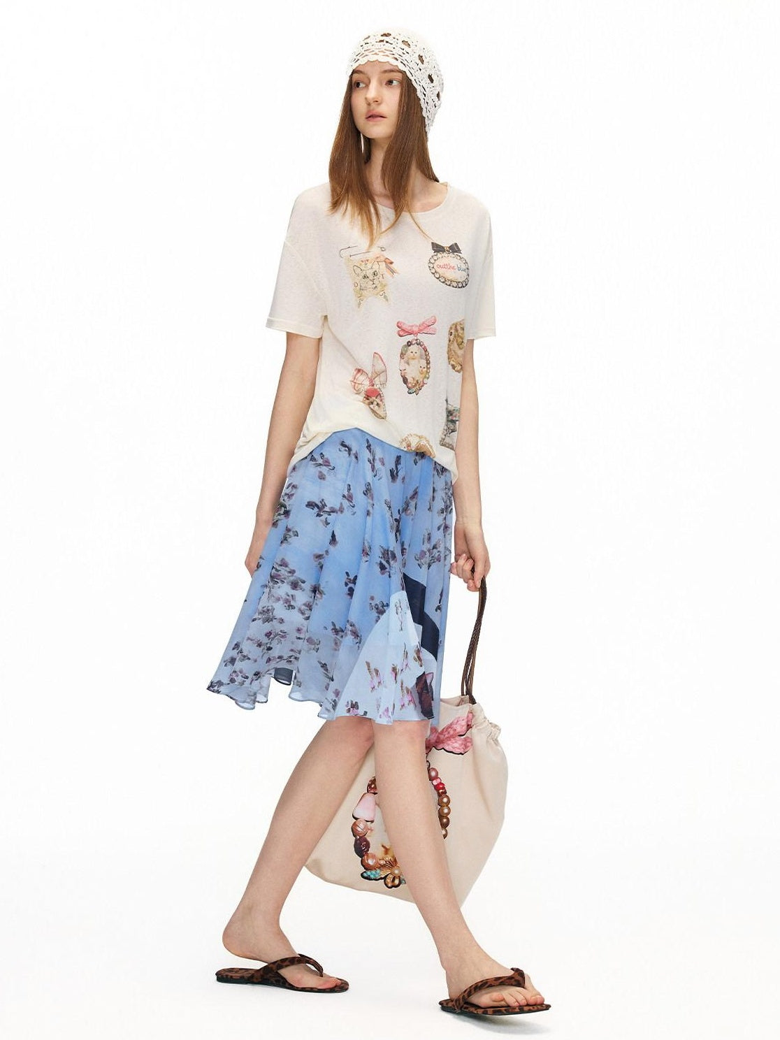OuttheBlue High Stretch Print A Line High Waist Elastic Teen Sky Blue Polyester Midi Skirts