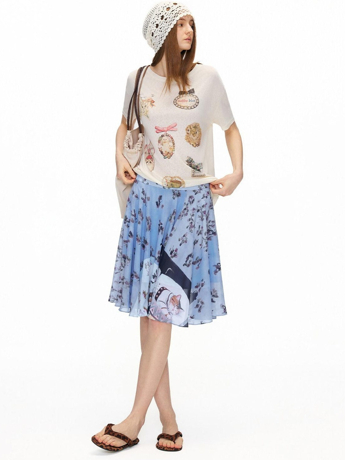 OuttheBlue High Stretch Print A Line High Waist Elastic Teen Sky Blue Polyester Midi Skirts