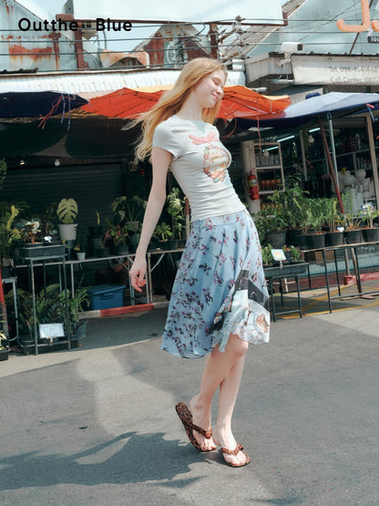 OuttheBlue High Stretch Print A Line High Waist Elastic Teen Sky Blue Polyester Midi Skirts