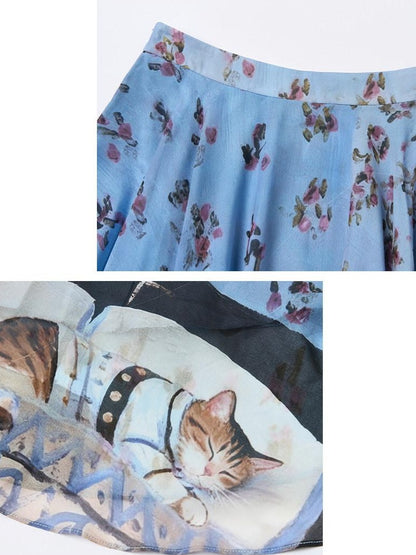 OuttheBlue High Stretch Print A Line High Waist Elastic Teen Sky Blue Polyester Midi Skirts