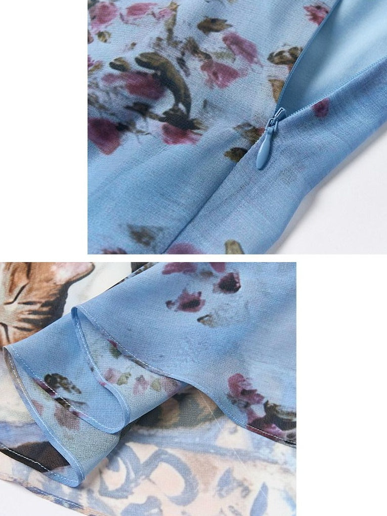 OuttheBlue High Stretch Print A Line High Waist Elastic Teen Sky Blue Polyester Midi Skirts