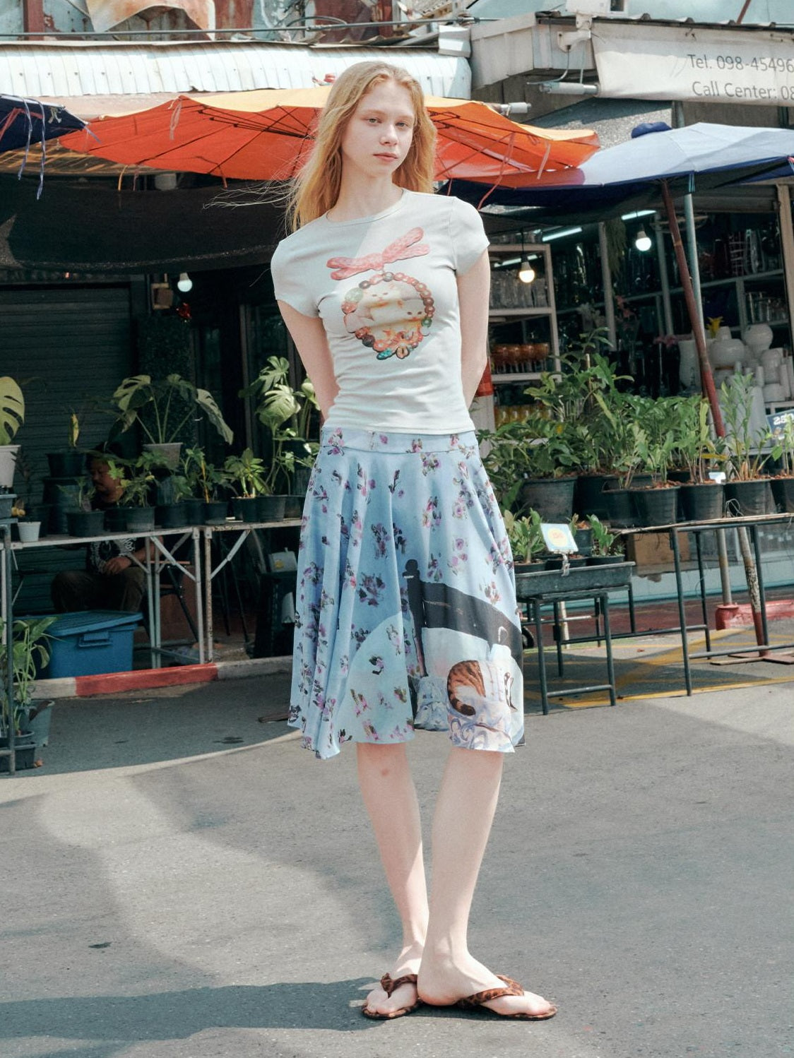 OuttheBlue High Stretch Print A Line High Waist Elastic Teen Sky Blue Polyester Midi Skirts