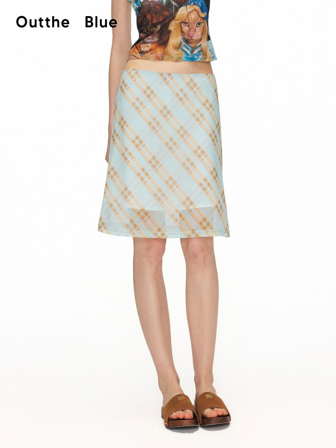 OuttheBlue High Stretch Slim A Line Plaid Mid Waist Side Zipper Mint Caramel Midi Skirts