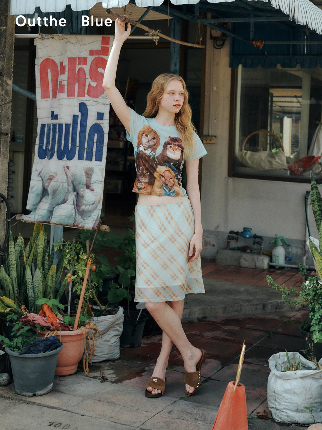 OuttheBlue High Stretch Slim A Line Plaid Mid Waist Side Zipper Mint Caramel Midi Skirts